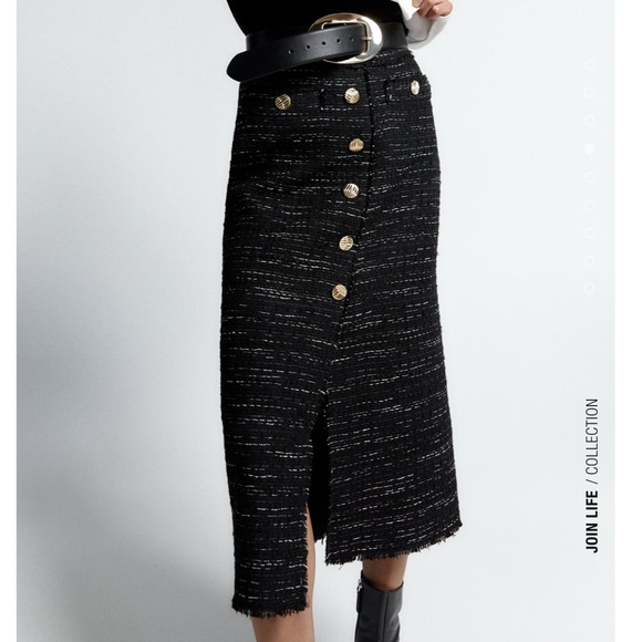 ZARA Black Tweed Textured Gold Buttons Skirt - Picture 9 of 11
